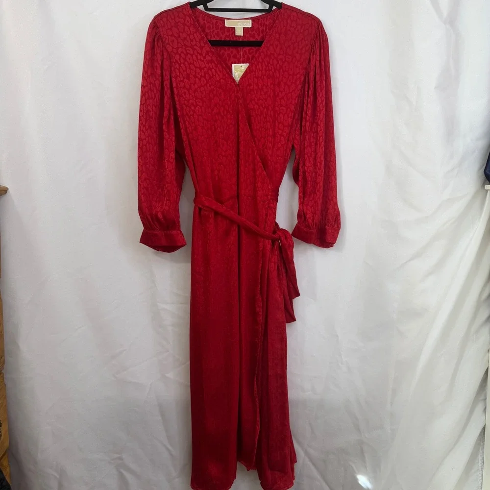 MICHAEL‎ KORS Red Animal Print Wrap Midi Dress 2X Romantic Feminine NWT $175